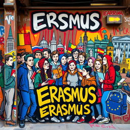 A vibrant and dynamic street art scene depicting a colorful cartel celebrating the Erasmus program