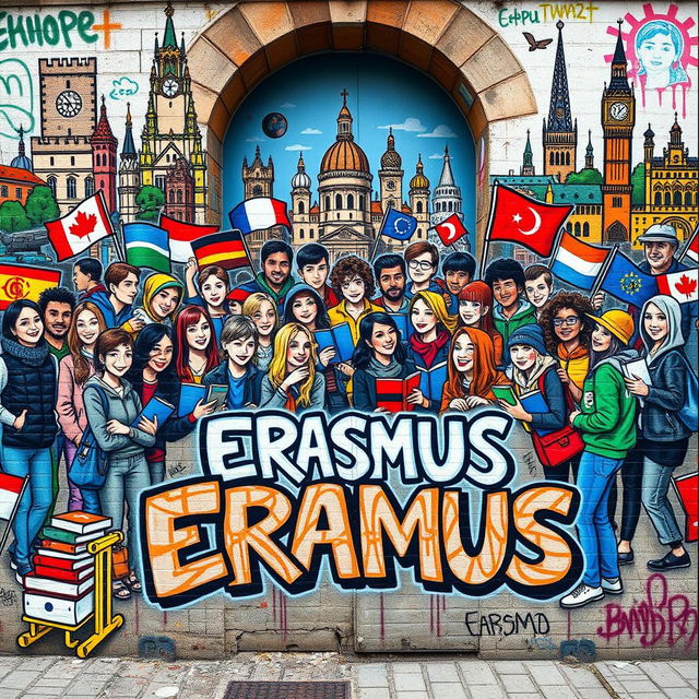 A vibrant and dynamic street art scene depicting a colorful cartel celebrating the Erasmus program