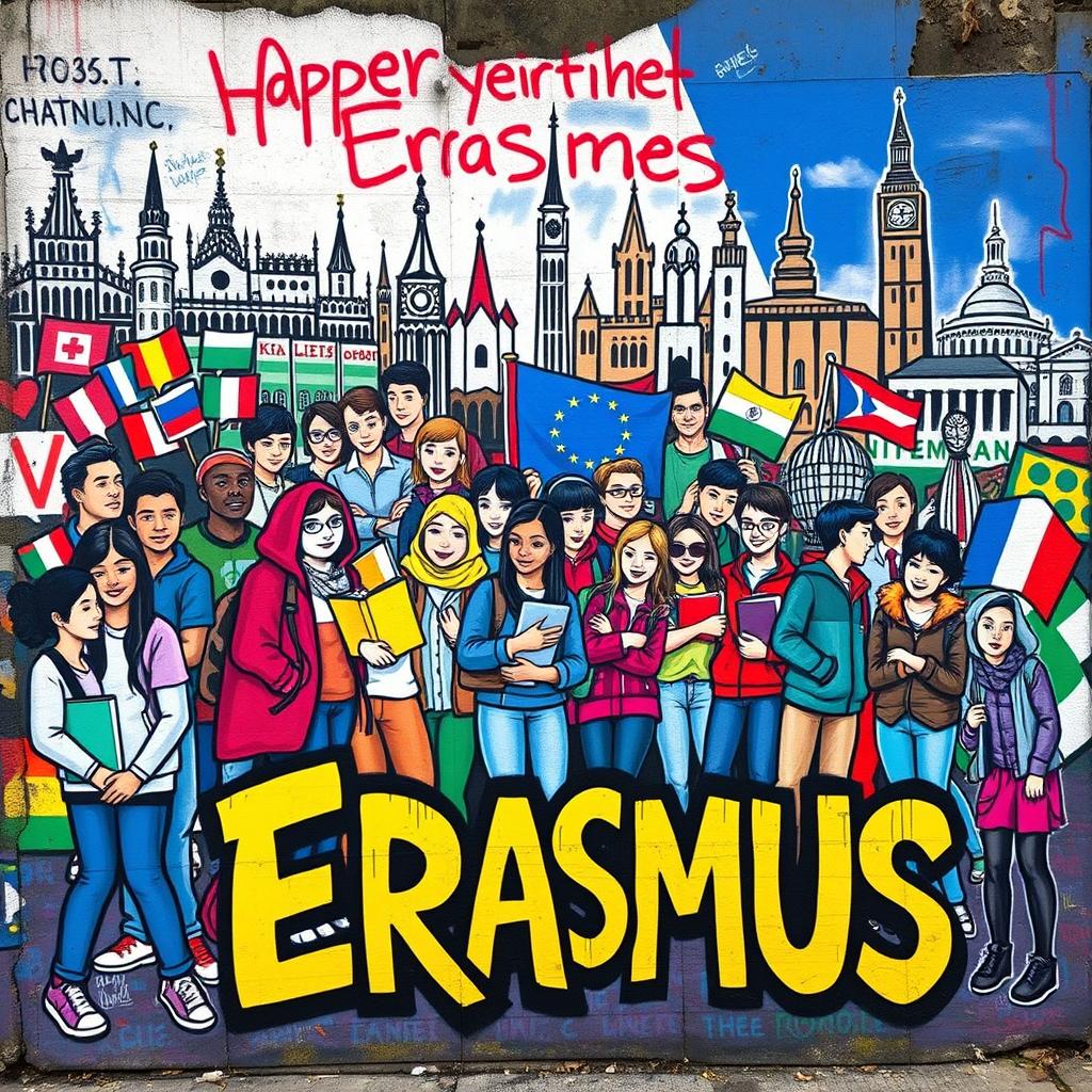 A vibrant and dynamic street art scene depicting a colorful cartel celebrating the Erasmus program