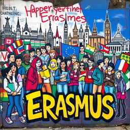 A vibrant and dynamic street art scene depicting a colorful cartel celebrating the Erasmus program