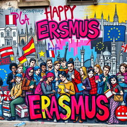 A vibrant and dynamic street art scene depicting a colorful cartel celebrating the Erasmus program