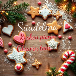 A whimsical young adult-themed book cover for 'Suudelma kesken piparin tuoksun', focusing on a delightful arrangement of gingerbread cookies