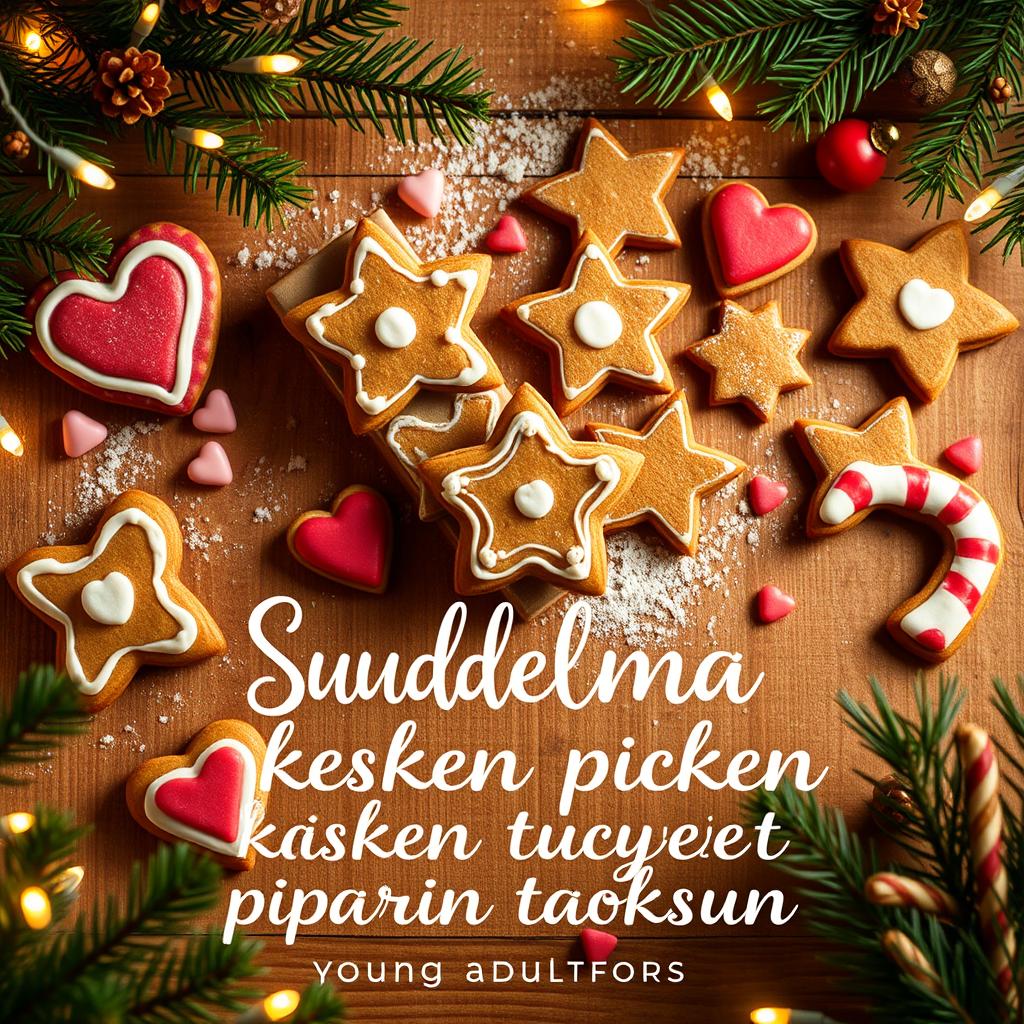 A whimsical young adult-themed book cover for 'Suudelma kesken piparin tuoksun', focusing on a delightful arrangement of gingerbread cookies