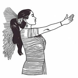 A full drawing of a Guatemalan indigenous woman standing in profile, lifting her arms upwards, isolated with nothing around her