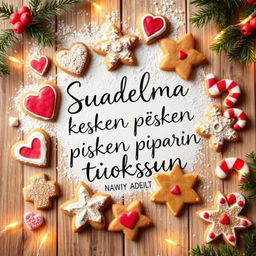 A whimsical young adult-themed book cover for 'Suudelma kesken piparin tuoksun', focusing on a delightful arrangement of gingerbread cookies