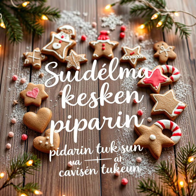 A whimsical young adult-themed book cover for 'Suudelma kesken piparin tuoksun', focusing on a delightful arrangement of gingerbread cookies