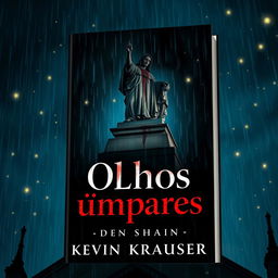 A book cover featuring a dramatic perspective of a blood-stained statue atop a cathedral during a rainy night