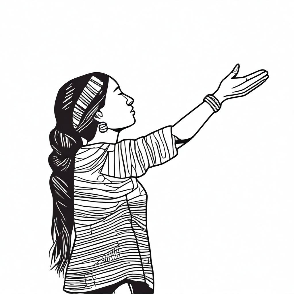 A full drawing of a Guatemalan indigenous woman standing in profile, lifting her arms upwards, isolated with nothing around her