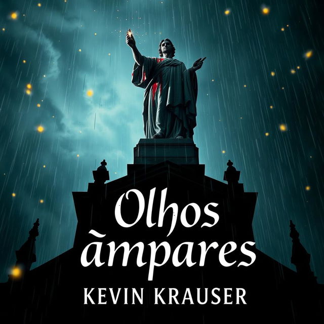 A book cover featuring a dramatic perspective of a blood-stained statue atop a cathedral during a rainy night