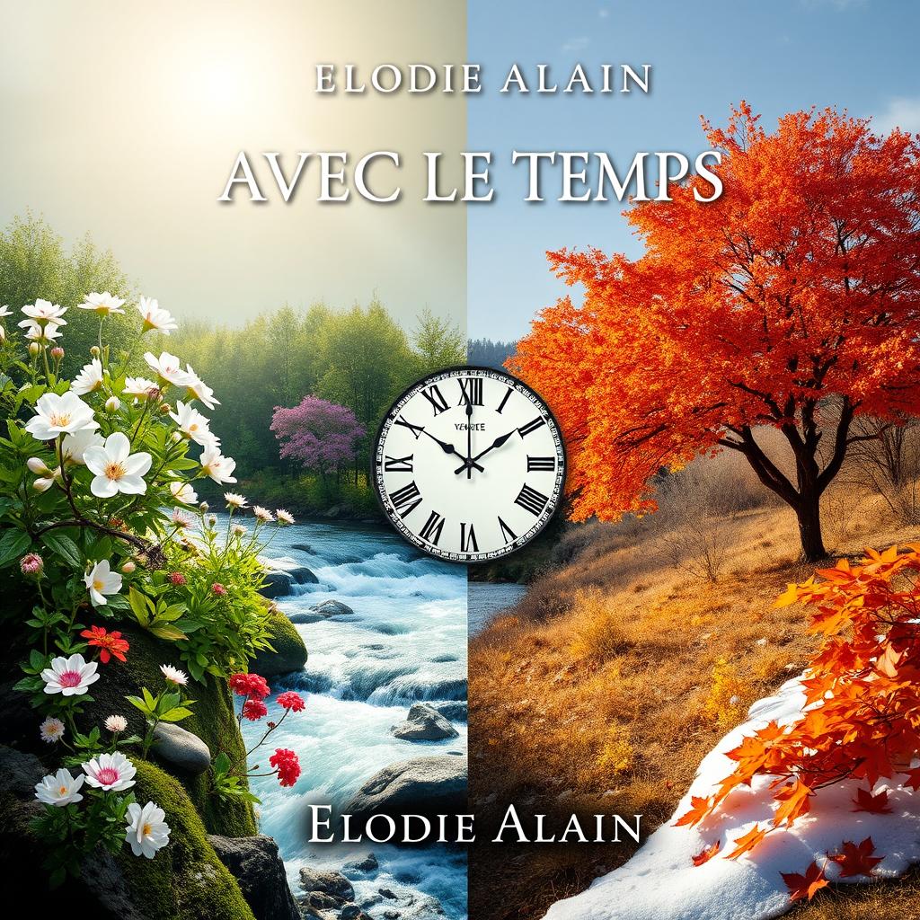 A book cover for the title "AVEC LE TEMPS" by Elodie ALAIN, visually depicting the changing seasons – spring with blooming flowers, summer with bright sunlight and lush greenery, autumn with vibrant orange and red leaves, and winter with snow-covered landscapes