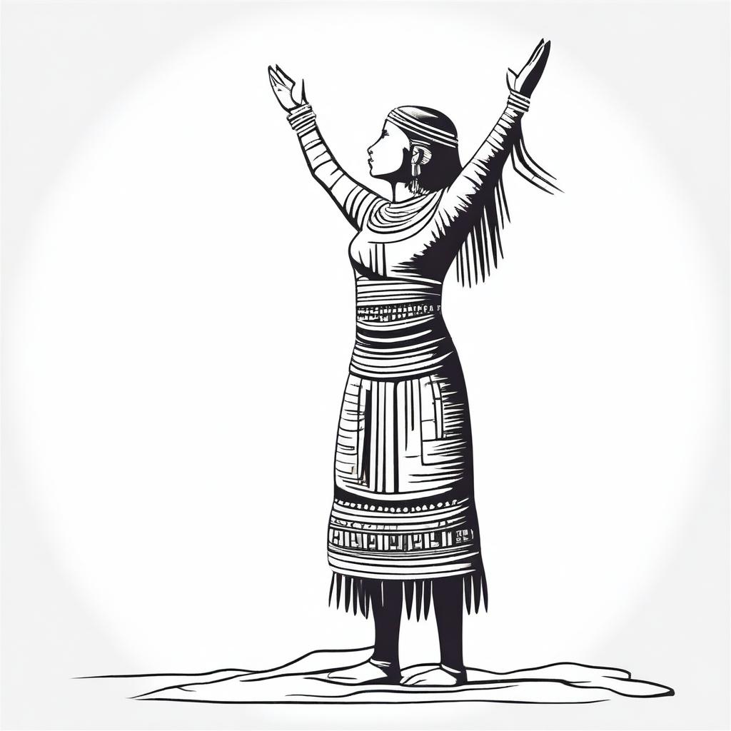 A full drawing of an Inca woman standing in profile, raising her arms upwards, isolated with nothing around her.