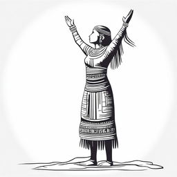 A full drawing of an Inca woman standing in profile, raising her arms upwards, isolated with nothing around her.