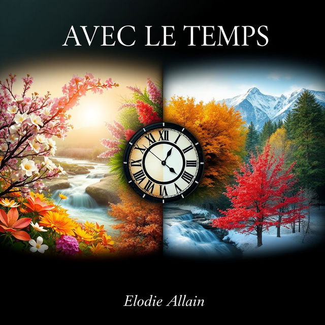 A book cover for the title "AVEC LE TEMPS" by Elodie ALAIN, visually depicting the changing seasons – spring with blooming flowers, summer with bright sunlight and lush greenery, autumn with vibrant orange and red leaves, and winter with snow-covered landscapes