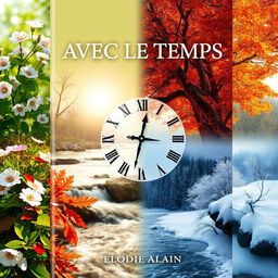 A book cover for the title "AVEC LE TEMPS" by Elodie ALAIN, visually depicting the changing seasons – spring with blooming flowers, summer with bright sunlight and lush greenery, autumn with vibrant orange and red leaves, and winter with snow-covered landscapes