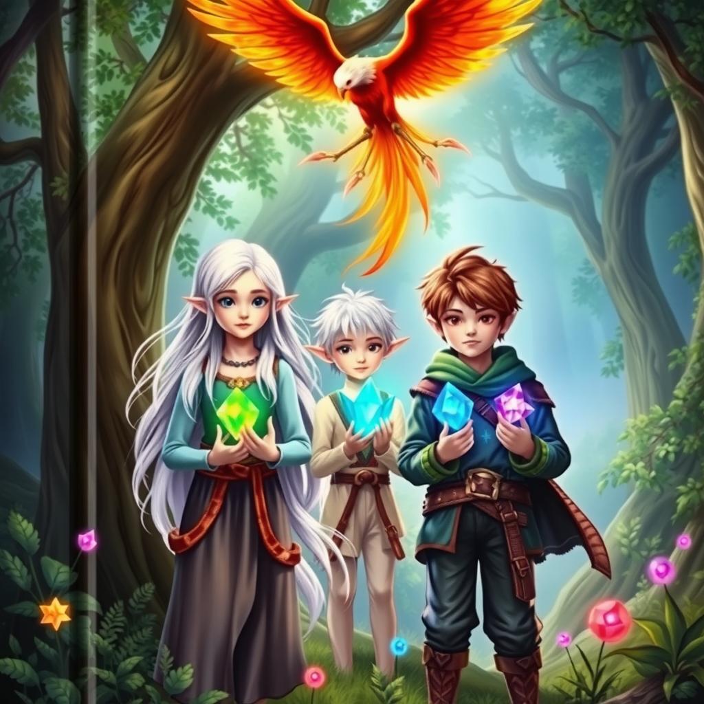 A captivating book cover featuring three young characters in an enchanting forest