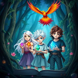 A captivating book cover featuring three young characters in an enchanting forest