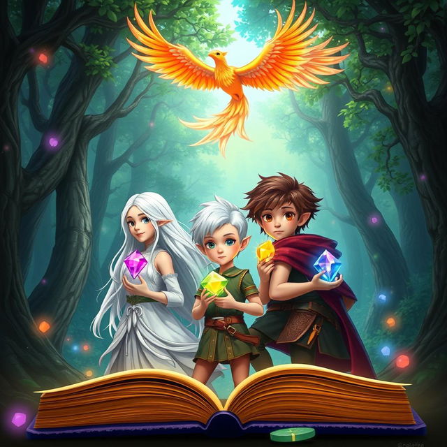 A captivating book cover featuring three young characters in an enchanting forest