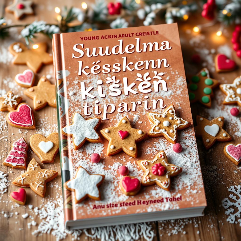 A delightful young adult-themed book cover for 'Suudelma kesken piparin tuoksun', featuring a vibrant and artistic arrangement of gingerbread cookies