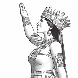 A full drawing of an Inca woman standing in profile, raising her arms upwards, isolated with nothing around her.