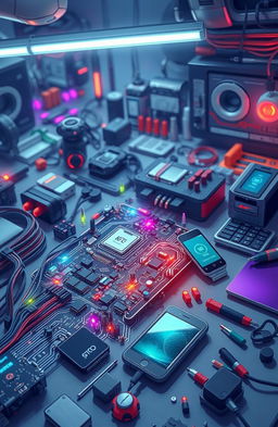 A highly detailed and visually striking illustration depicting an array of electronic devices and circuits
