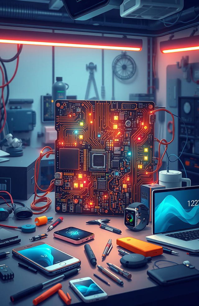 A highly detailed and visually striking illustration depicting an array of electronic devices and circuits