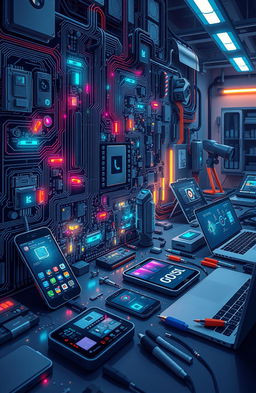 A highly detailed and visually striking illustration depicting an array of electronic devices and circuits
