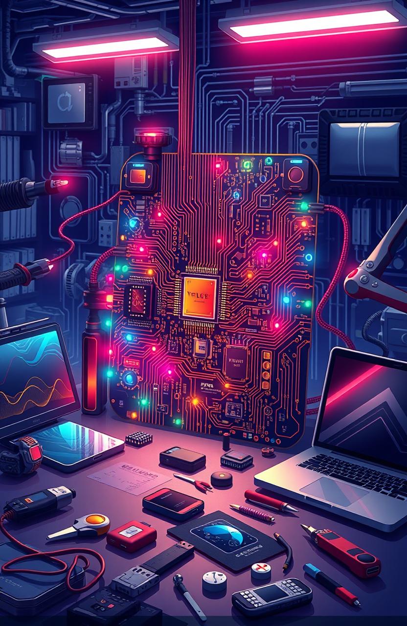 A highly detailed and visually striking illustration depicting an array of electronic devices and circuits