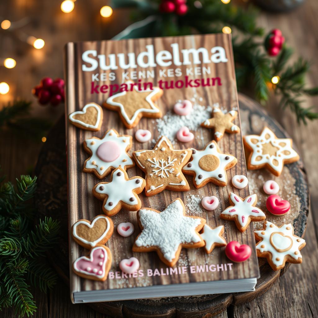 A charming young adult-themed book cover titled 'Suudelma kesken piparin tuoksun', primarily featuring an artistic display of gingerbread cookies