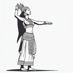 A full drawing of an Inca woman standing in profile, raising her arms upwards, isolated with nothing around her.