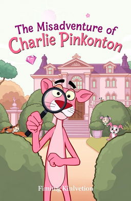 A cartoonish illustration of Charlie Pinkerton, a bumbling detective characterized by a comically oversized magnifying glass, looking perplexed in front of a lavish mansion