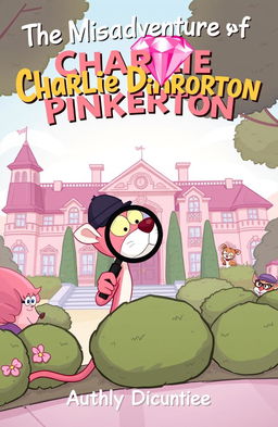 A cartoonish illustration of Charlie Pinkerton, a bumbling detective characterized by a comically oversized magnifying glass, looking perplexed in front of a lavish mansion