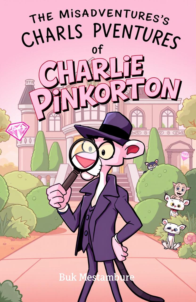 A cartoonish illustration of Charlie Pinkerton, a bumbling detective characterized by a comically oversized magnifying glass, looking perplexed in front of a lavish mansion