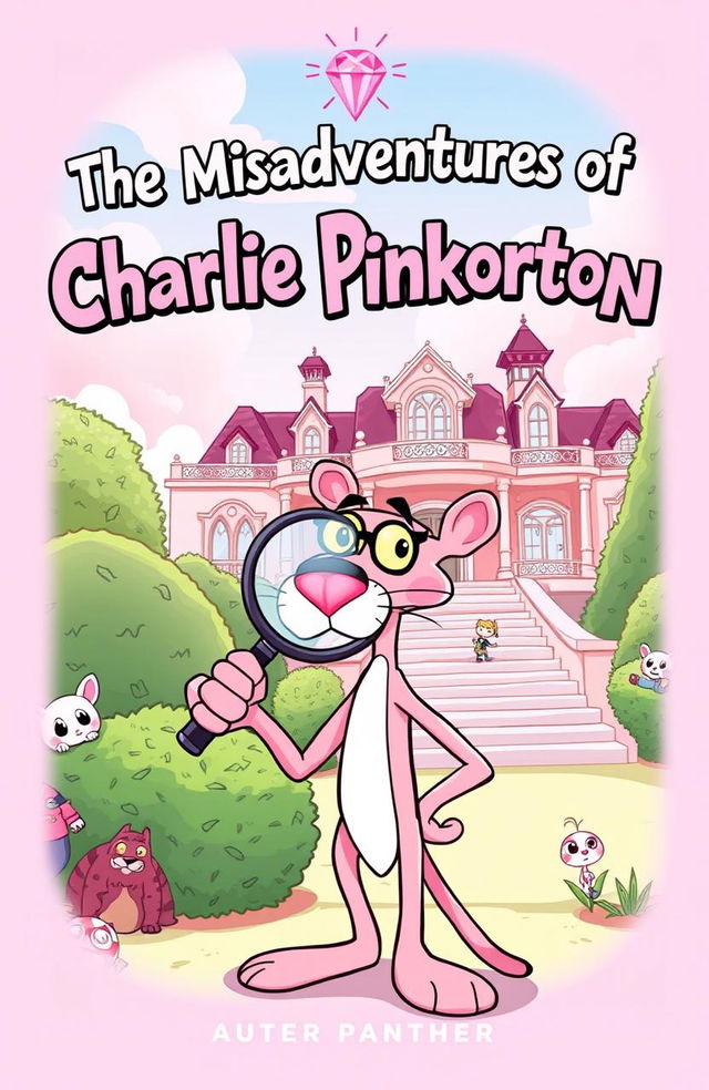 A cartoonish illustration of Charlie Pinkerton, a bumbling detective characterized by a comically oversized magnifying glass, looking perplexed in front of a lavish mansion