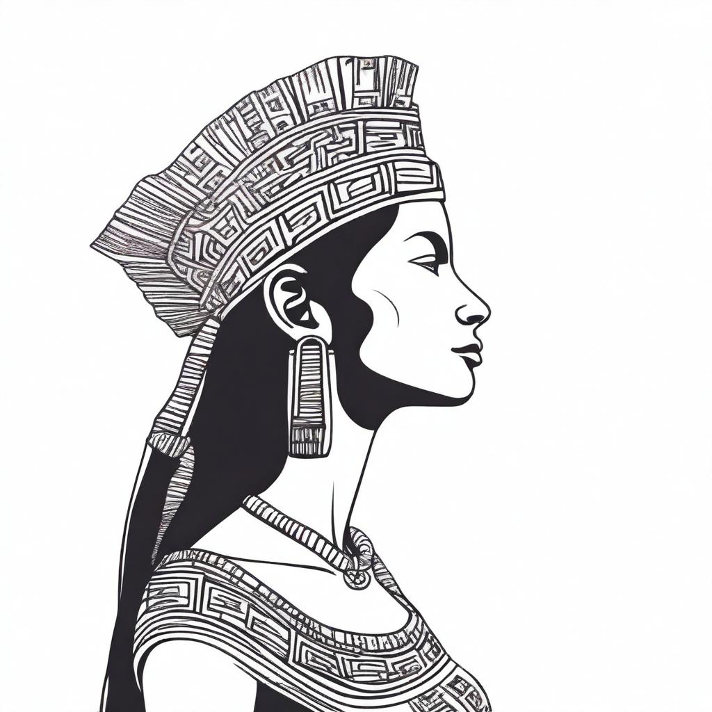 A full drawing of an Inca woman standing in profile, raising her arms upwards, isolated with nothing around her.