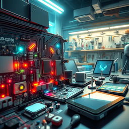 A highly detailed and visually striking illustration of various electronic devices and circuits