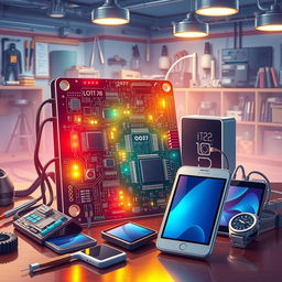 A highly detailed and visually striking illustration of various electronic devices and circuits