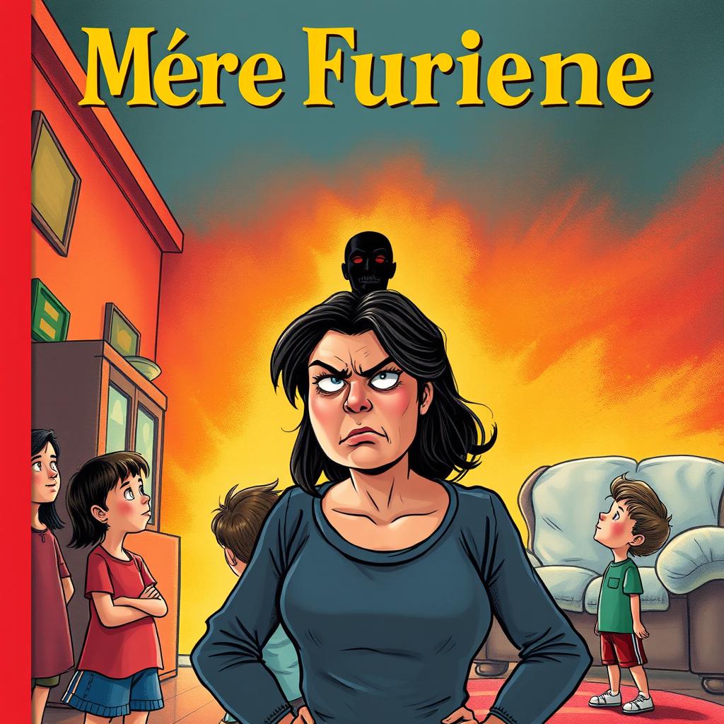 A book cover illustration depicting a furious mother standing in the foreground, her expression a mix of anger and frustration