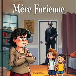 A book cover illustration depicting a furious mother standing in the foreground, her expression a mix of anger and frustration