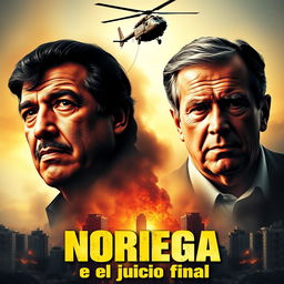A dramatic movie poster featuring the face of Manuel Antonio Noriega, the former dictator of Panama, alongside the face of former US President George H