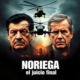 A dramatic movie poster featuring the face of Manuel Antonio Noriega, the former dictator of Panama, alongside the face of former US President George H