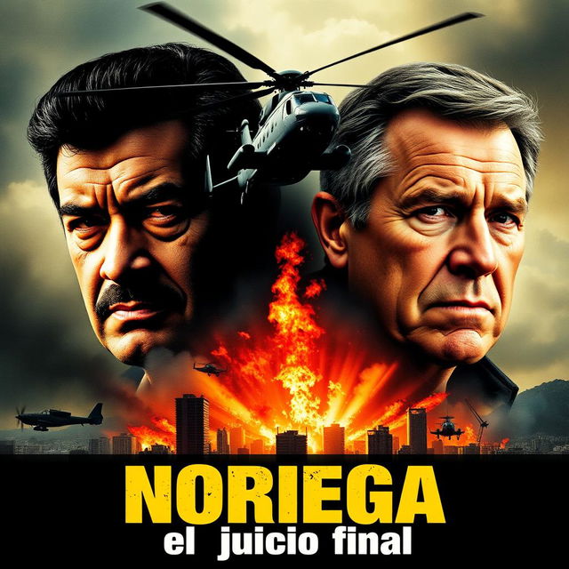 A dramatic movie poster featuring the face of Manuel Antonio Noriega, the former dictator of Panama, alongside the face of former US President George H