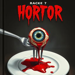 A campy horror book cover featuring a grotesque scene with a large, realistic eyeball speared on a shiny fork, sitting atop a blood-soaked white plate