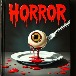 A campy horror book cover featuring a grotesque scene with a large, realistic eyeball speared on a shiny fork, sitting atop a blood-soaked white plate