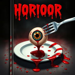 A campy horror book cover featuring a grotesque scene with a large, realistic eyeball speared on a shiny fork, sitting atop a blood-soaked white plate