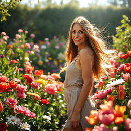 A waist-high woman standing gracefully among vibrant flowers in a lush, blooming garden