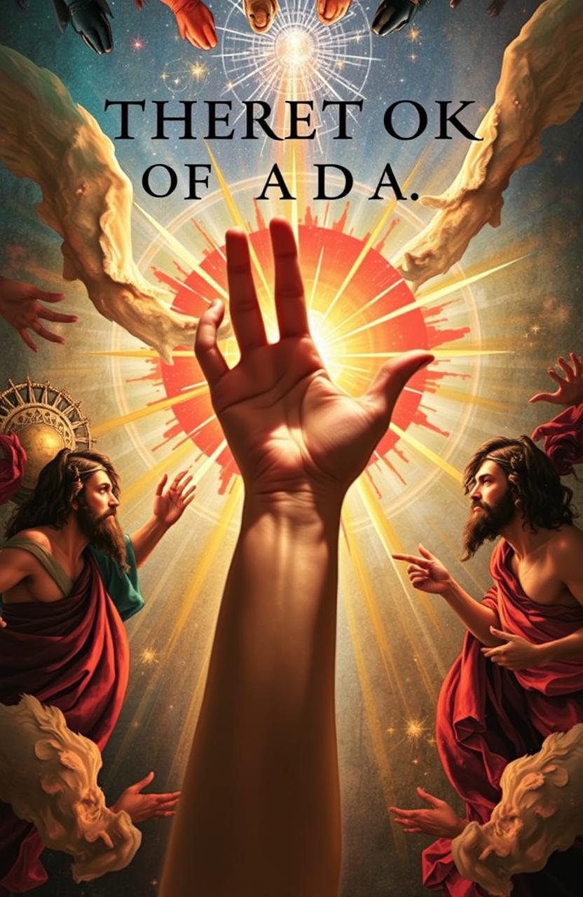 A book cover design inspired by the iconic 'Creation of Adam' painting, featuring a modern twist