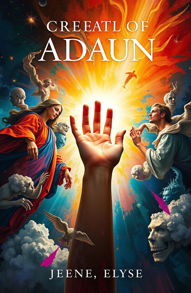 A book cover design inspired by the iconic 'Creation of Adam' painting, featuring a modern twist