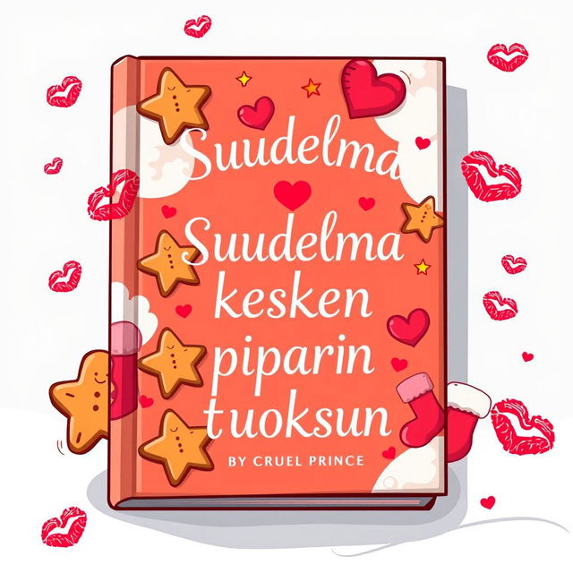 A whimsical cartoon-style book cover for the title 'Suudelma kesken piparin tuoksun' (A Kiss Between the Smell of Christmas Cookies), featuring a vibrant, enchanting design reminiscent of fantasy novel aesthetics like 'The Cruel Prince'