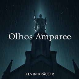 A dramatic perspective of a blood-stained statue atop a cathedral at night, surrounded by rain