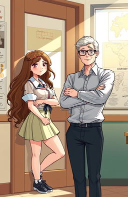 An illustration of a beautiful high school student with long, wavy hair, wearing a stylish yet slightly rebellious school uniform, leaning playfully against a classroom door